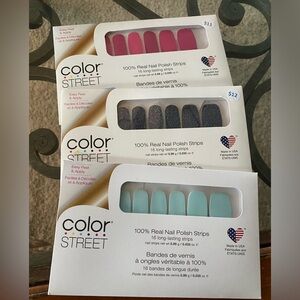 Color Street Nail Polish Strips- lot of 3, light teal, navy glitter & magenta